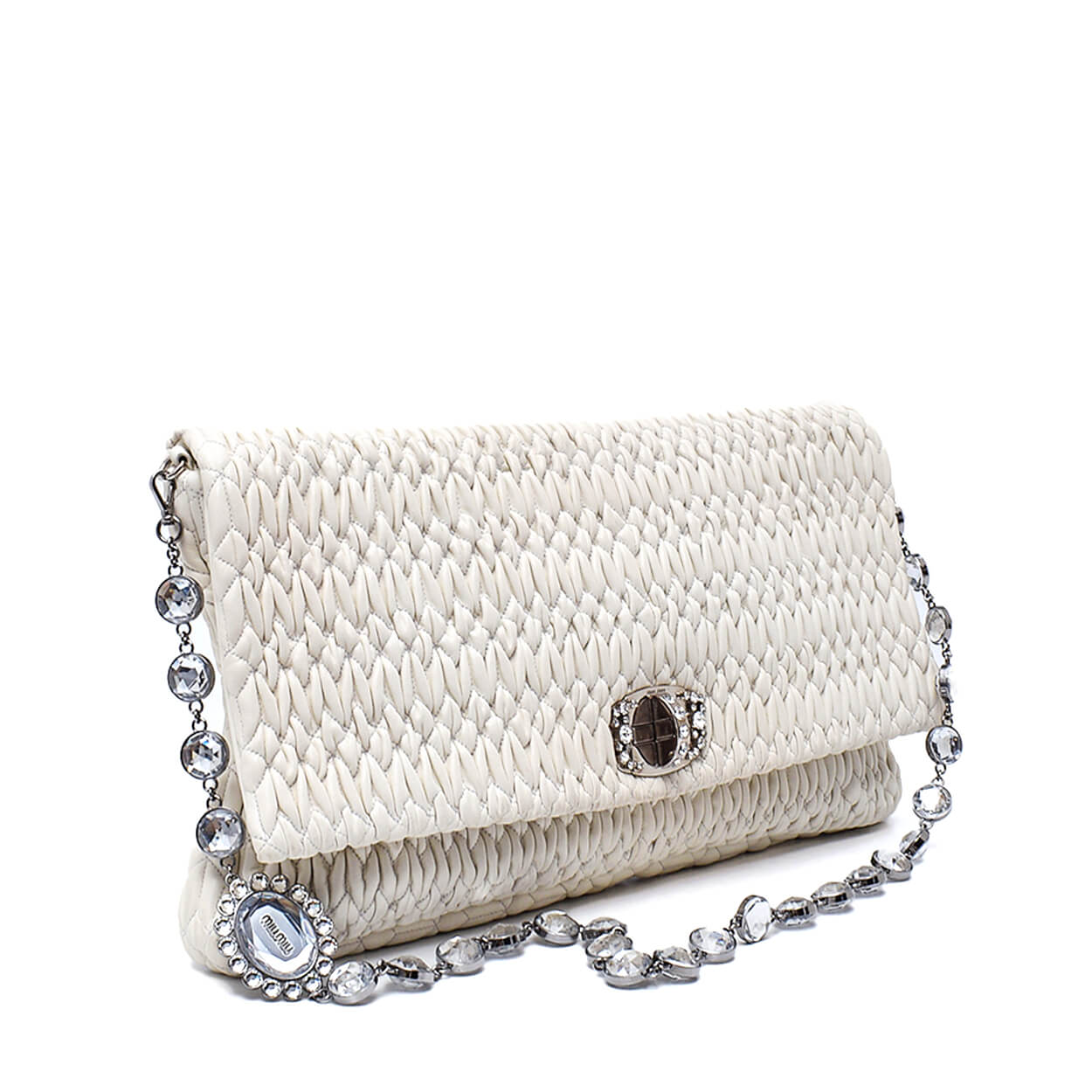 Miu Miu - Cream Matelassse Leather Oversized Bag w Iconic Crystal Cloque w Strap